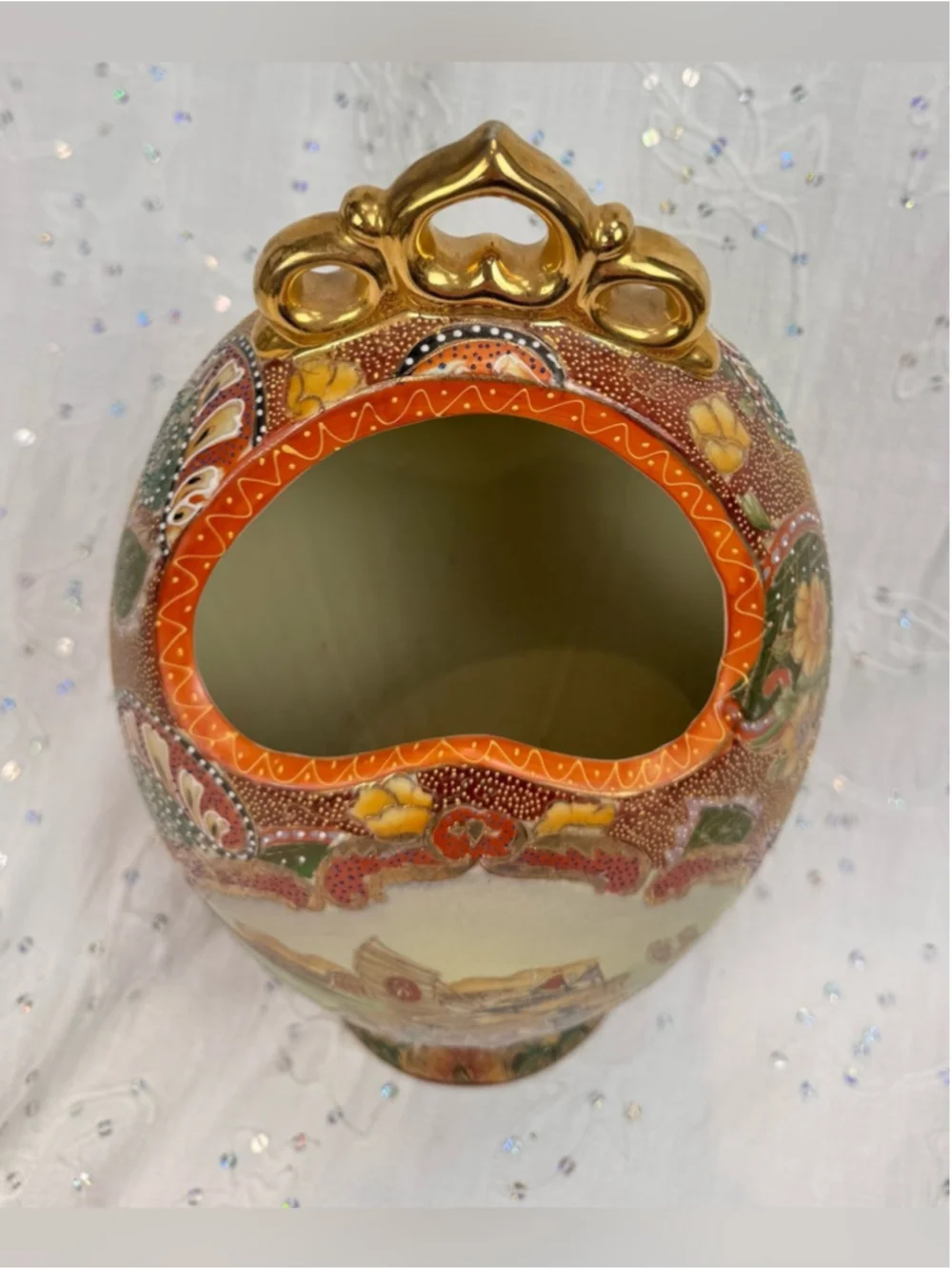 Vintage 1984 Chinese Satsuma Style Moon Flask Basket Vase 15” Gilded Chinoiserie